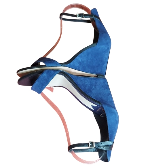 Brian Atwood Blue Wedge Sandals with Geometric Straps - Picture 11 of 16